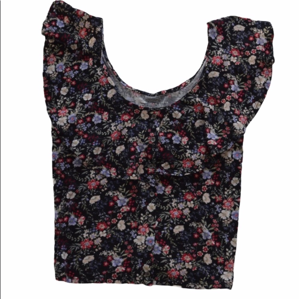 AE American Eagle floral top blouse black crop